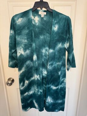 EUC Christopher & Banks Teal and White Tie-Dye Cardigan